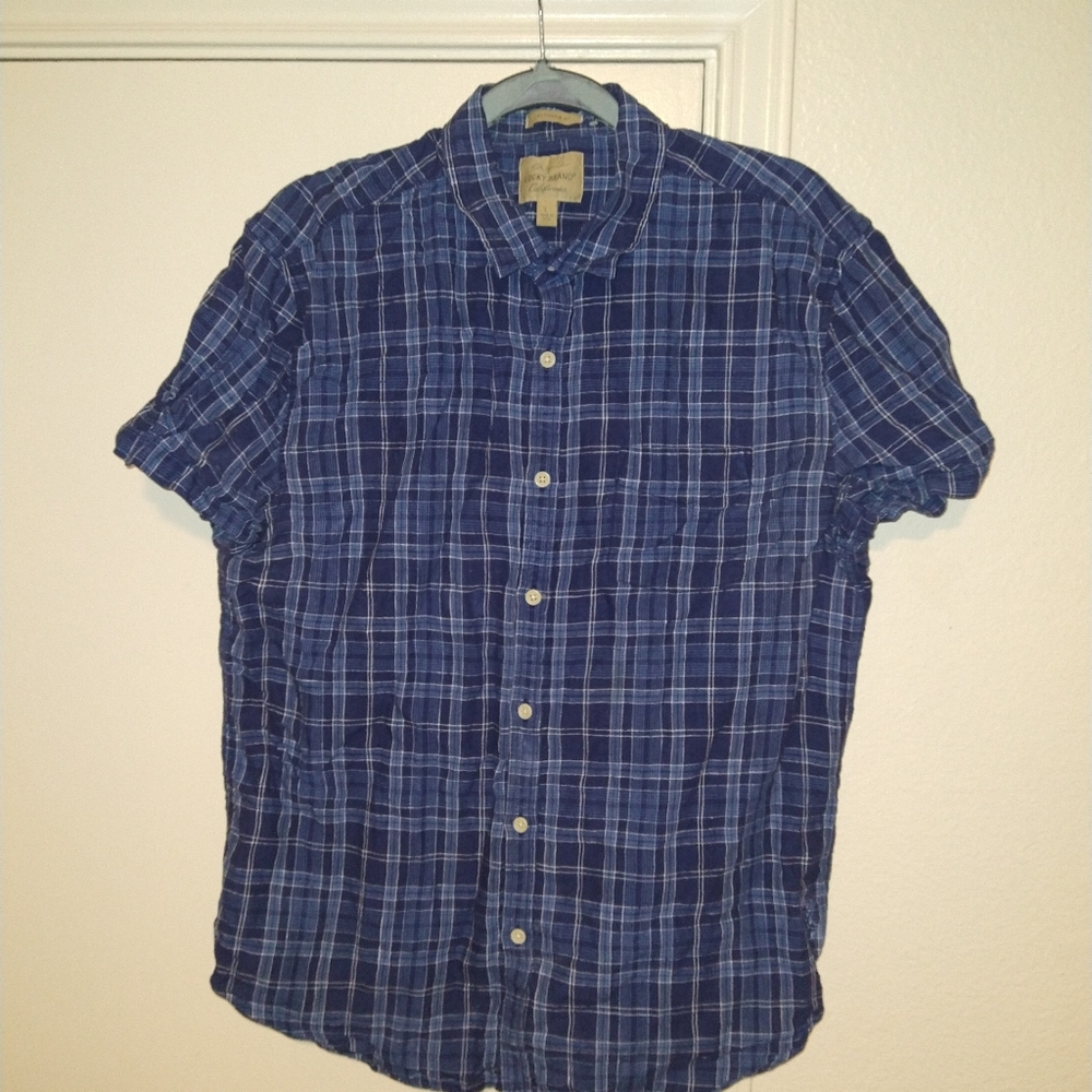 Lucky Brand California Fit Linen Plaid Short Sleeve Button Up Shirt Men's sz L